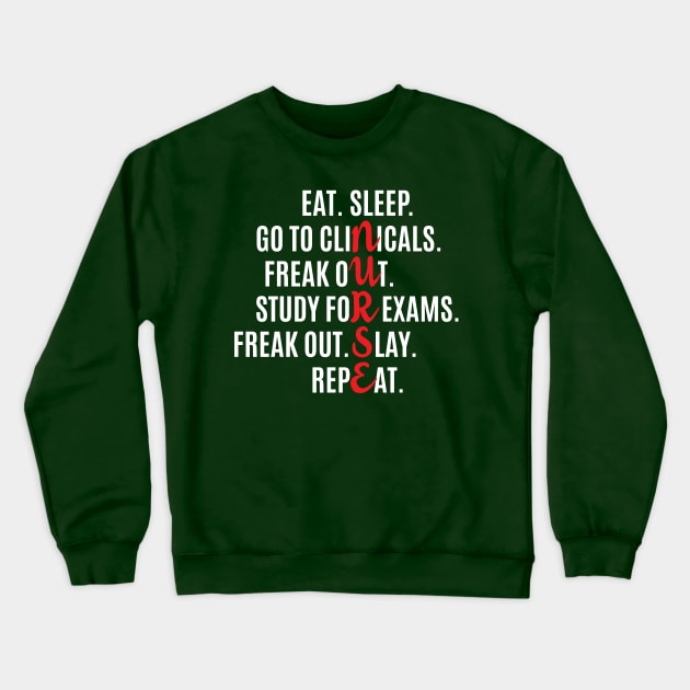 Funny Nurse Eat Sleep Go To Clinicals Freak Out Study For Exams Repeat T Shirt Crewneck Sweatshirt by klimentina